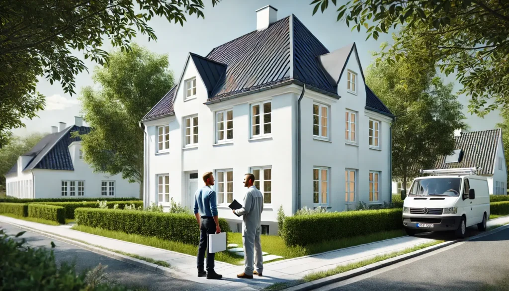 Håndværker og kunde foran hus med facade pudset i hvid