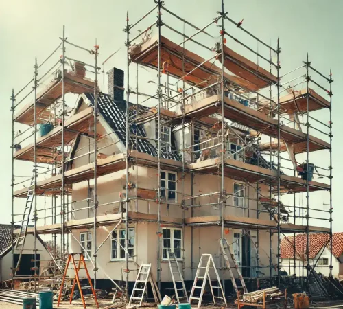 Tagrenovering holstebro Tagrenovering Holstebro under klargøring med stillads opstillet rundt om hus