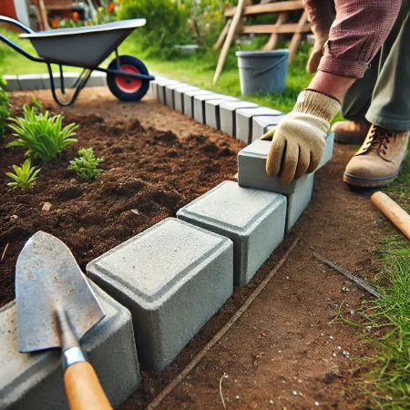 Brugen af kantsten i beton i en have