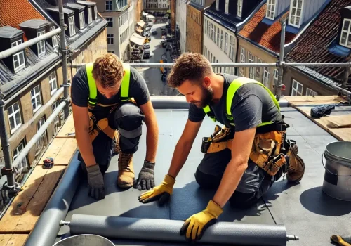 Tagrenovering i København på en solskinsdag