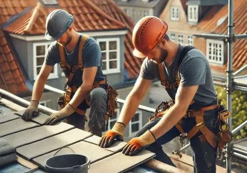 tag-renovering-aarhus To mænd arbejder med renovering af tag i Århus