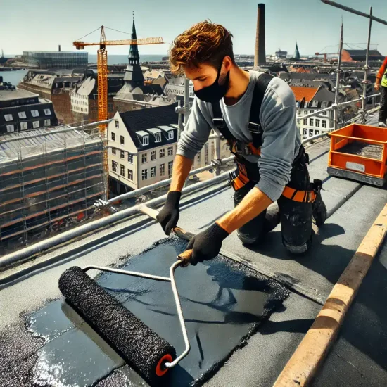 tagrenovering-aarhus En håndværker arbejder med afdæking af tag ved renovering i Århus